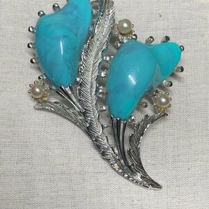 Coro Turquoise Blue Floral Leaf Brooch with Pearl Accents